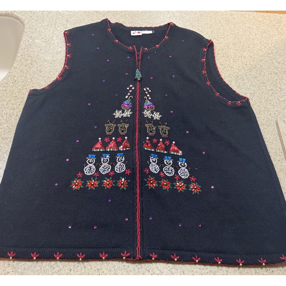 Vintage Christmas Embellished Zip Up Vest Snowman Candy Cane Sweater Sz 2X-3x